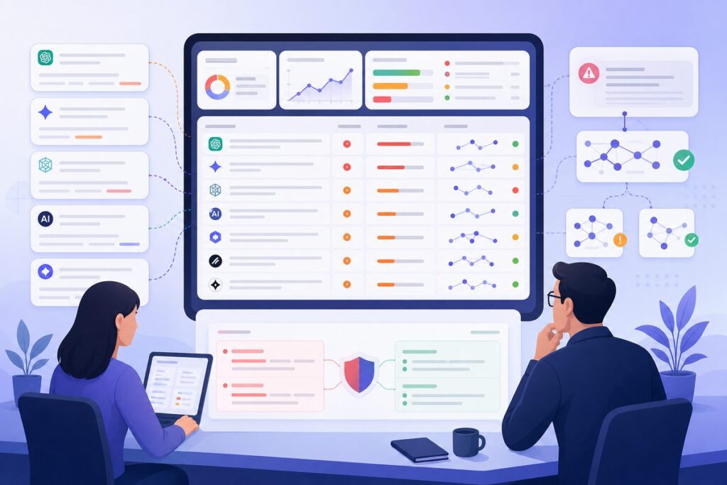 AI hallucination monitoring dashboard showing claim-level truth-set differences, severity scores, and evidence status