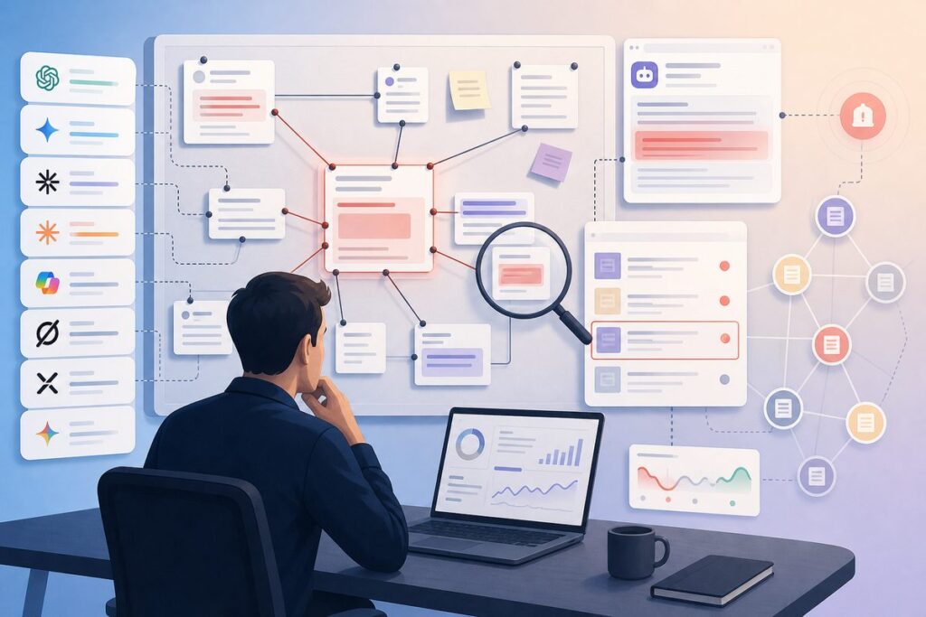 Investigation board used to trace AI misinformation sources across answer fragments, citations, and outdated pages