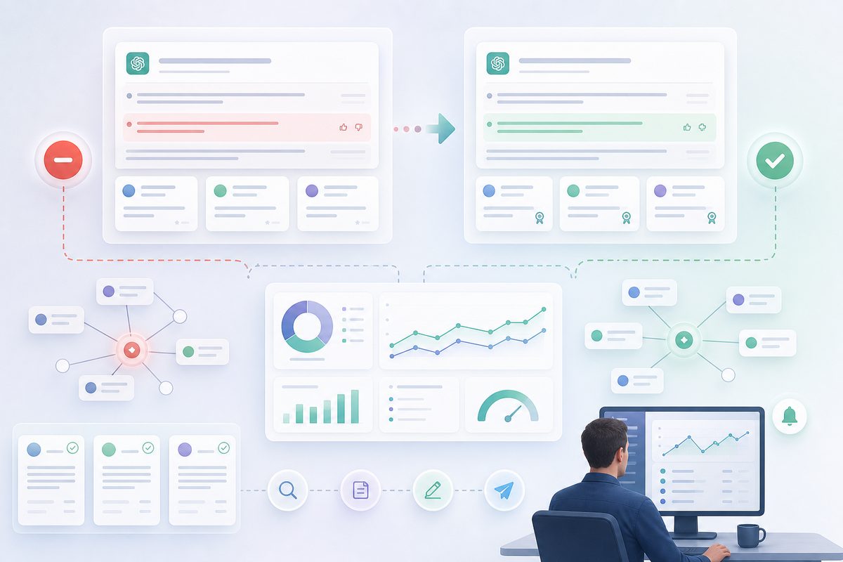 Modeled before-and-after evidence record for a fictional ChatGPT company-category correction
