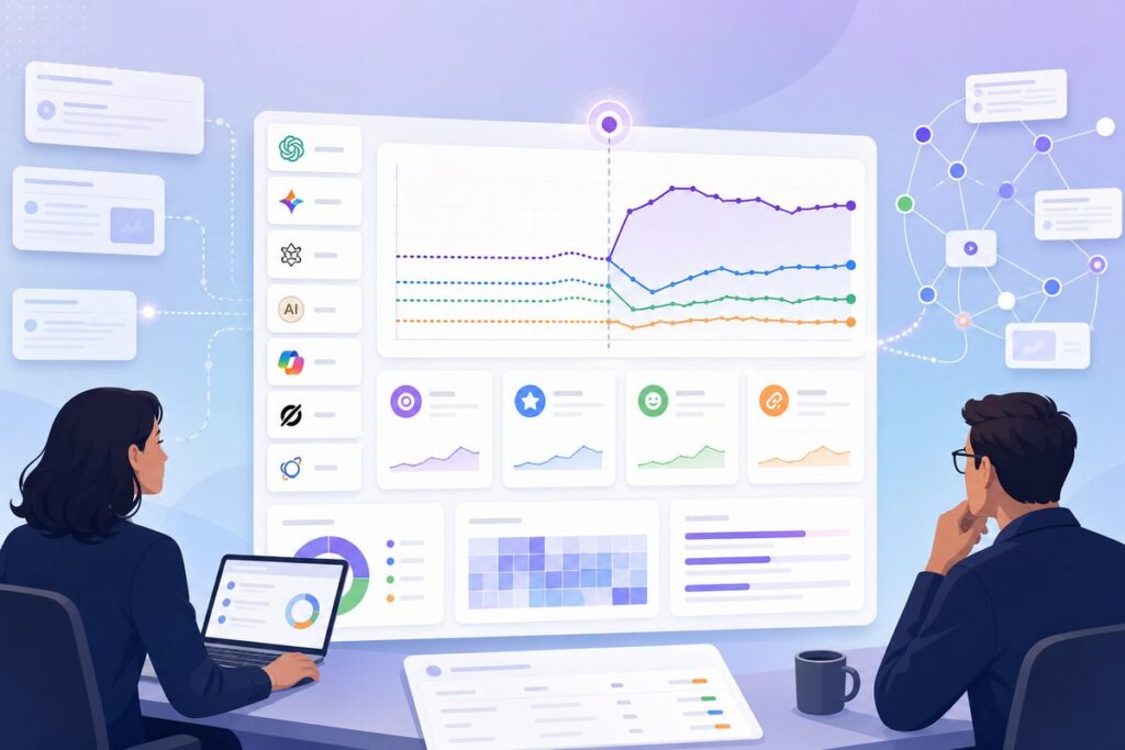 AI model updates SEO dashboard showing a release marker, pre-post mention rates, and control model series