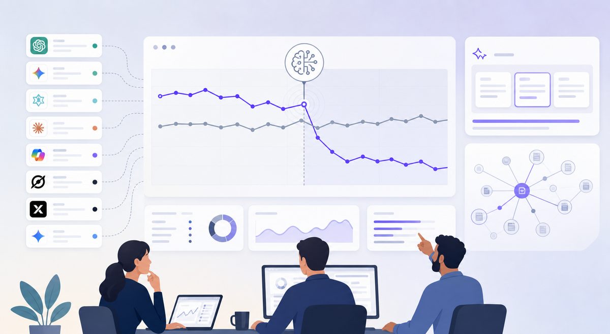 Illustrative AI model updates SEO change-point chart comparing target-model inclusion with an unaffected control series