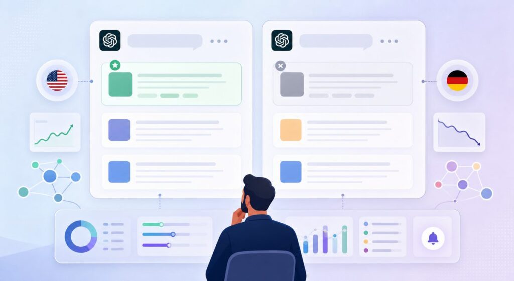 Side-by-side ChatGPT answers to the same question in English and German, showing multilingual AI search visibility gaps in the recommended brand list