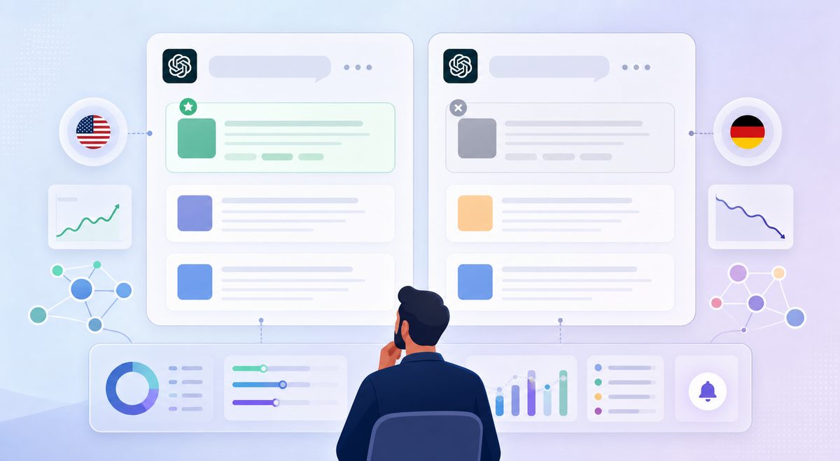Side-by-side ChatGPT answers to the same question in English and German, showing multilingual AI search visibility gaps in the recommended brand list