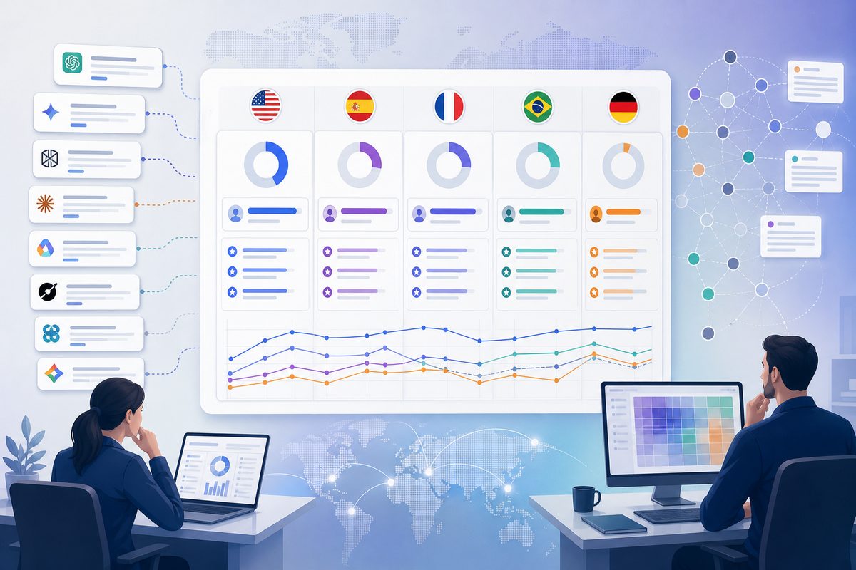 Dashboard comparing mention rate, first-named position and descriptor accuracy across five prompt languages