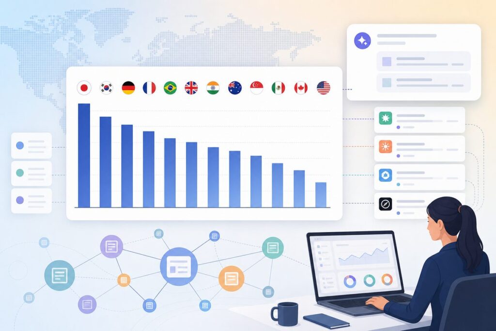Bar chart ranking local sources AI citations by country across 12 markets, showing Japan highest and the US lowest