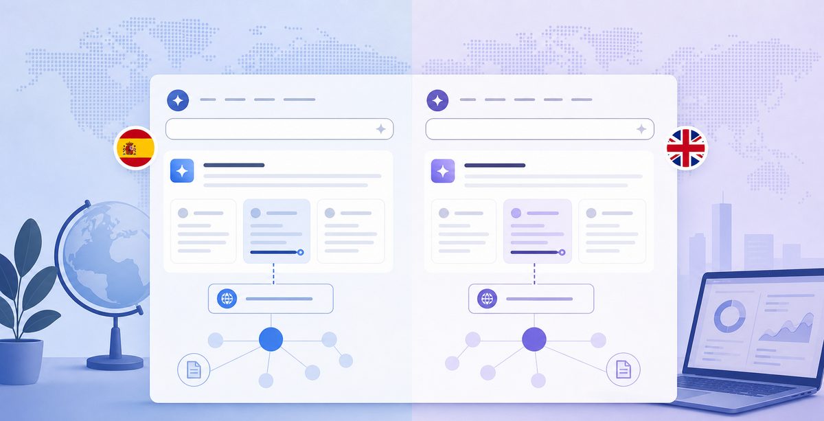 Side-by-side screenshot of a Spanish AI answer citing capterra.es and an English answer citing g2.com for the same query