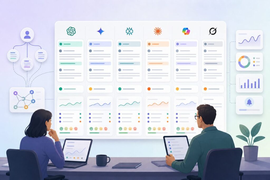 Dashboard comparing AI answers about product support with buying-intent prompts across six assistants