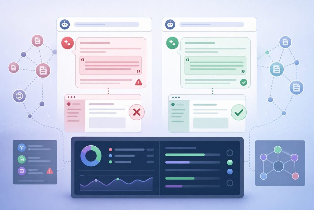 Side-by-side AI chat answers where AI quotes outdated documentation from a v1 docs URL next to the current v3 page
