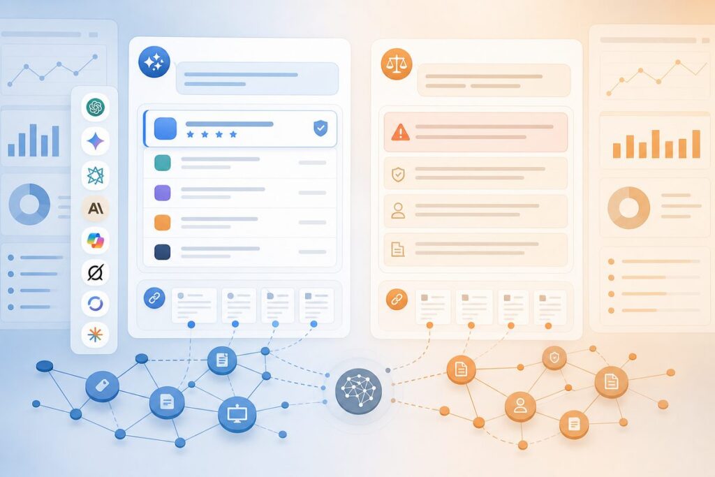 Side-by-side AI answers showing a named brand shortlist for a software query and a hedged, disclaimed response for a health query, illustrating AI visibility in regulated industries