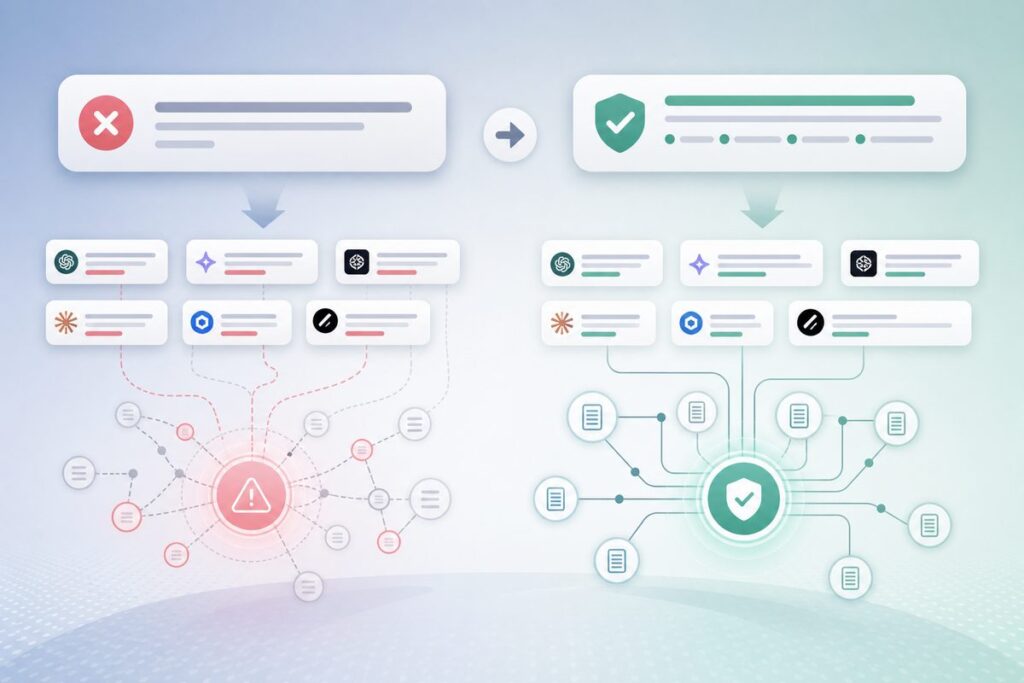 Side-by-side comparison of a vague compliance sentence and a scope-qualified compliance fact block showing what causes AI wrong compliance claims