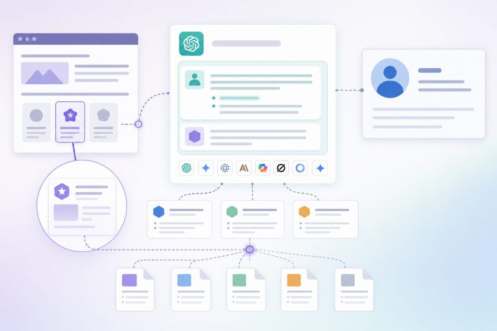 Diagram showing competitor content in AI answers: a rival's alternatives page cited as the source of an assistant's description of your brand