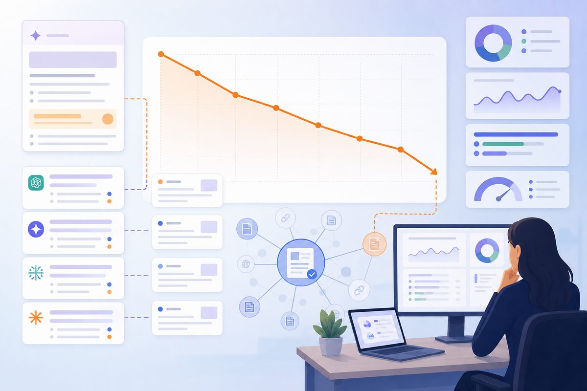 Line chart tracking competitor-page citation share falling over nine weeks after the counter-evidence sequence