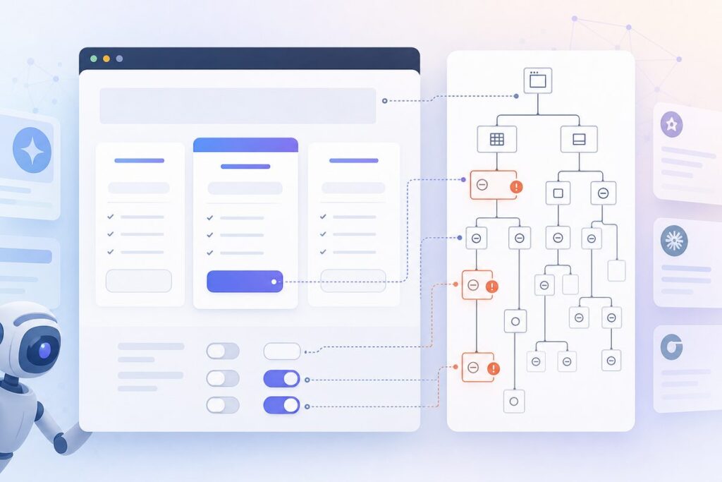 Accessibility tree view of a SaaS pricing page showing empty buttons and unlabeled toggles that block AI browser visibility