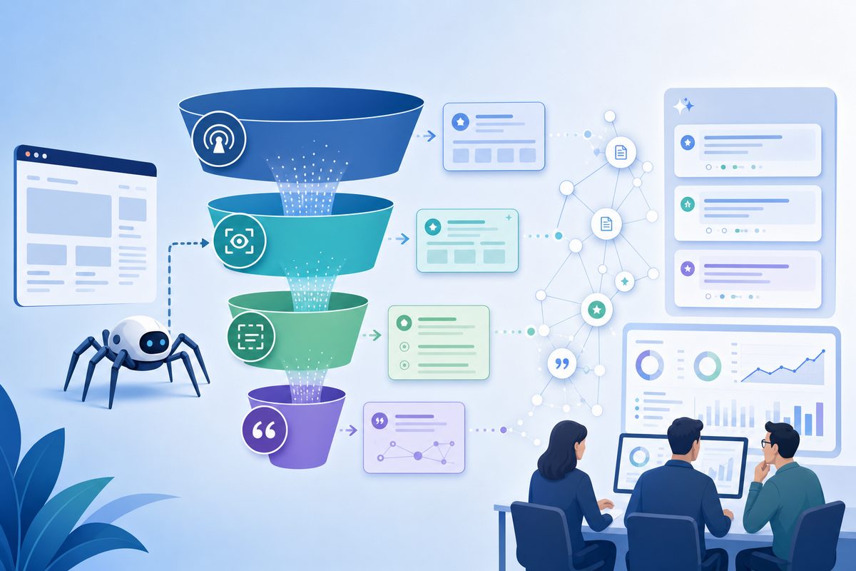 Four gates of AI browser visibility — reach, render, parse and quote — shown as a funnel with drop-off percentages