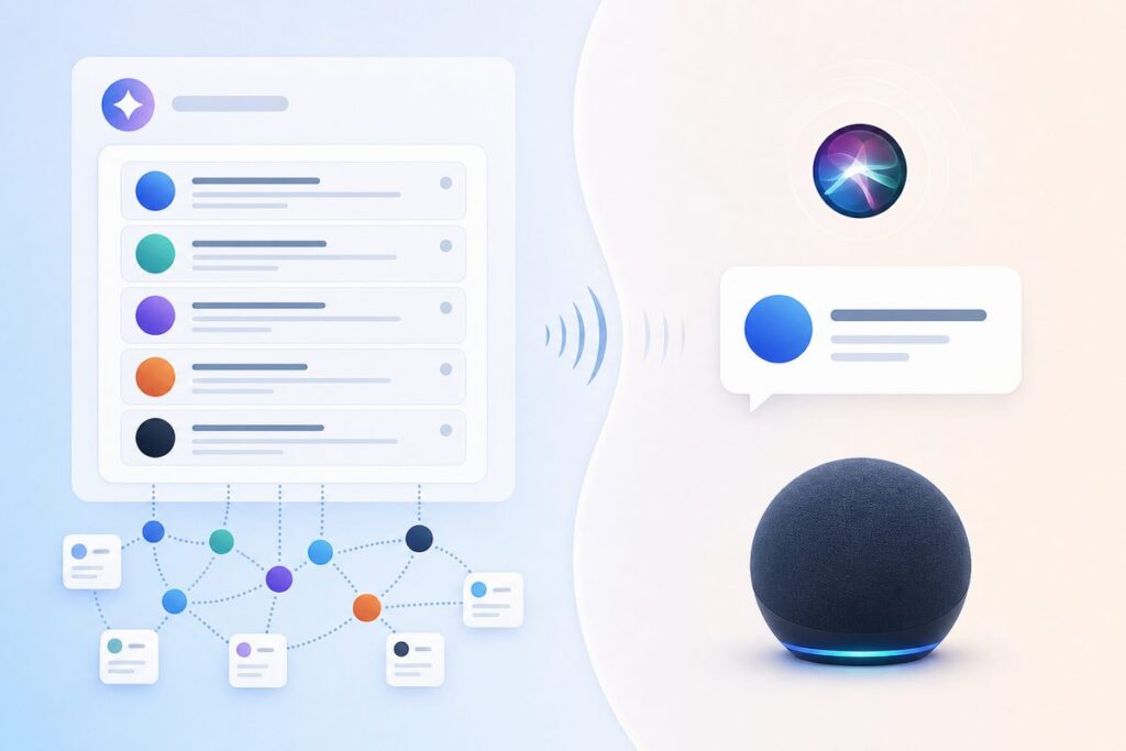 Diagram comparing a text AI answer listing five brands with a spoken assistant answer naming only one, illustrating voice assistant AI brand visibility