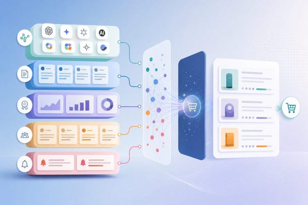 Diagram of the agentic commerce visibility stack showing five data layers feeding an AI shopping shortlist