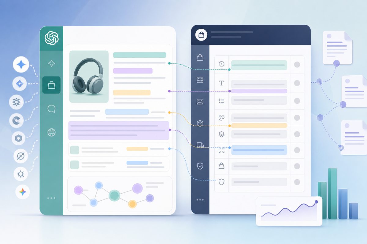 Side-by-side of a ChatGPT shopping answer and the merchant feed record it quoted, with matching spans highlighted