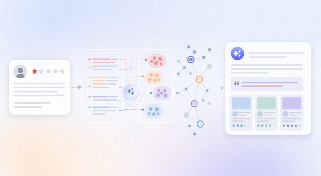 Diagram tracing reviews in AI product recommendations from a single one-star review through extraction and clustering to a paraphrased caveat in an assistant answer