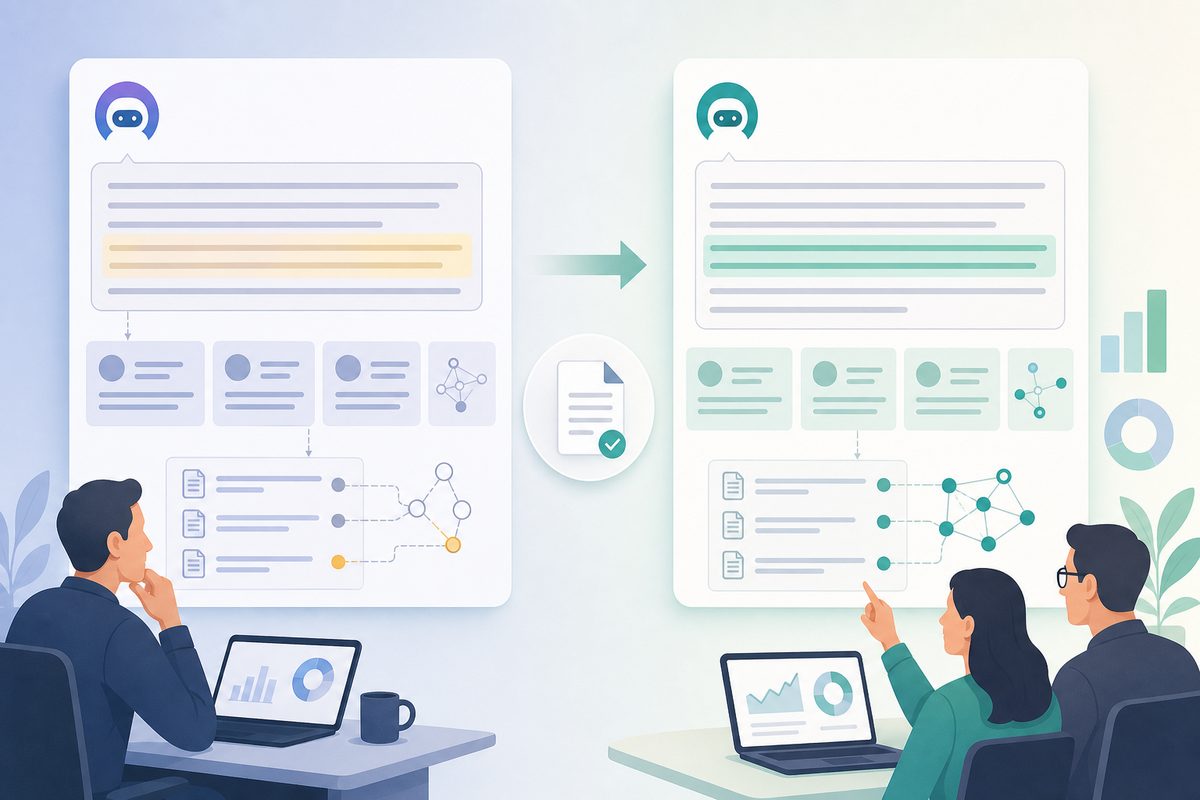 Before-and-after comparison of an AI assistant answer showing a hedging clause about implementation time being rewritten after vendor documentation was published
