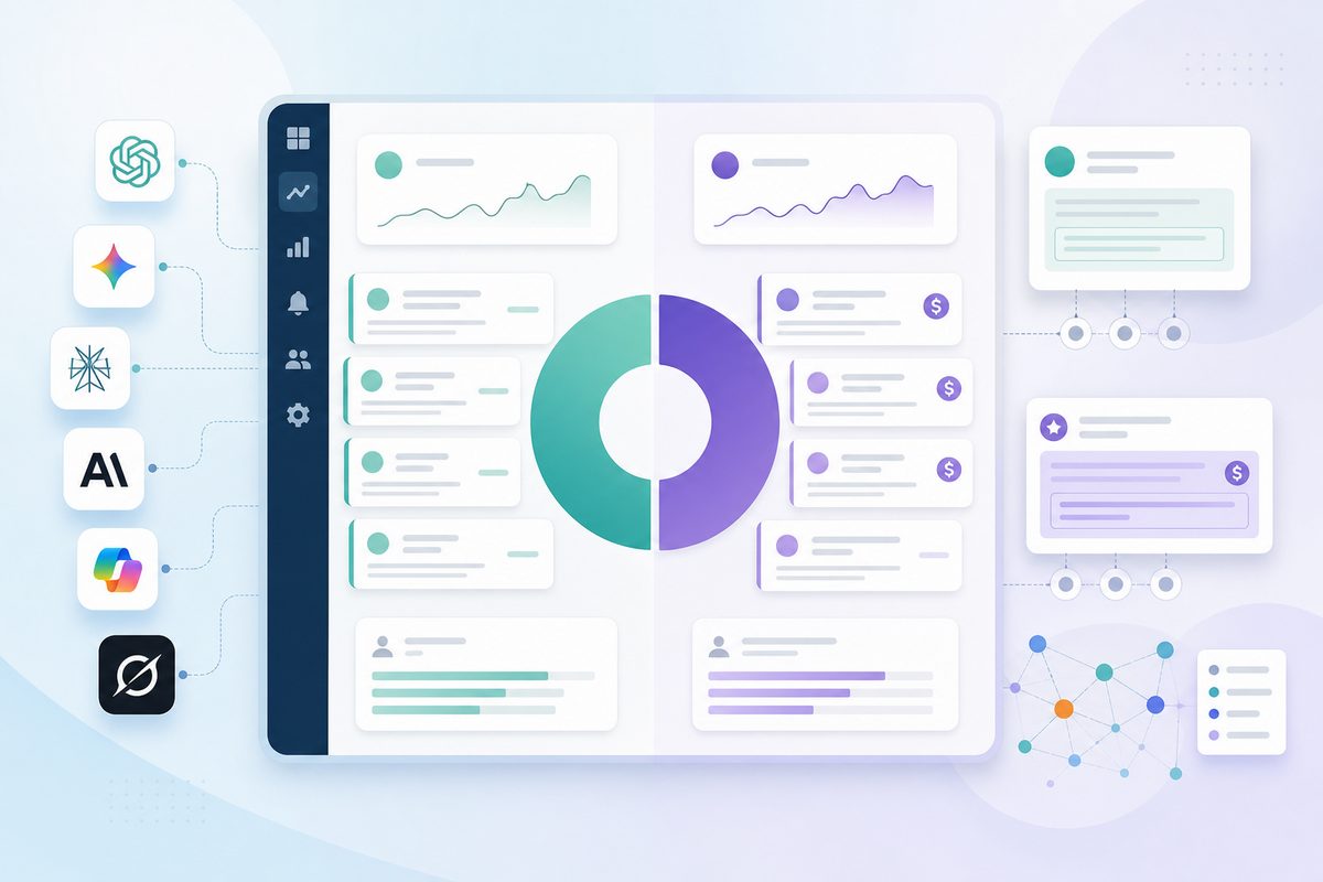 Dashboard chart splitting earned brand mentions from paid ad-slot mentions across six AI assistants
