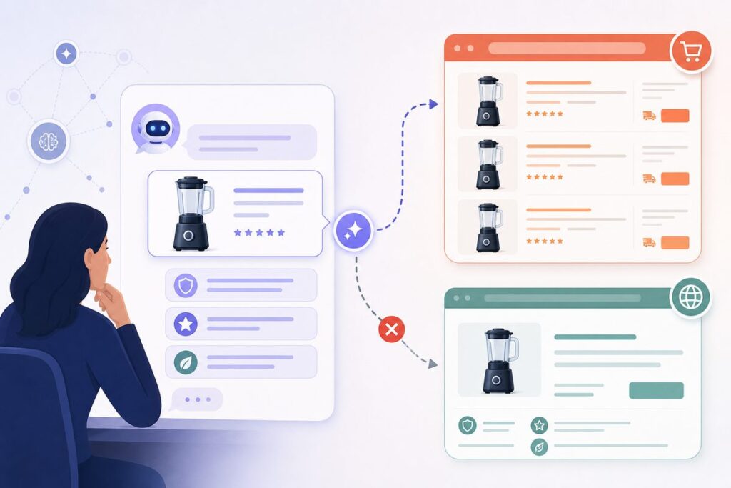 Diagram showing an AI assistant naming a DTC brand and then linking the buyer to a marketplace listing instead of the brand's own product page