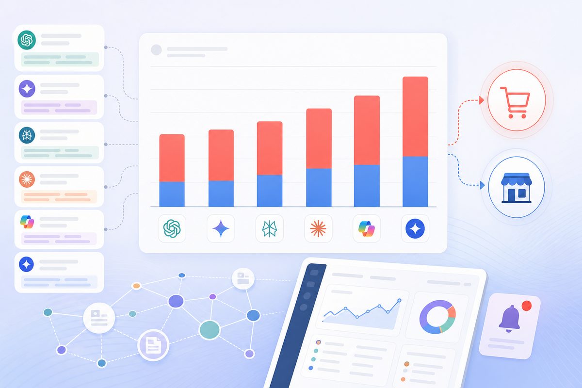 Bar chart of buy-link leakage rate by engine showing how often AI recommends a marketplace over brand site across ChatGPT, Gemini, Perplexity, Claude, Copilot and Google AI Mode