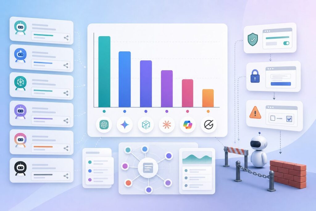 Bar chart of task completion rates across six AI agent surfaces on 42 B2B SaaS sites