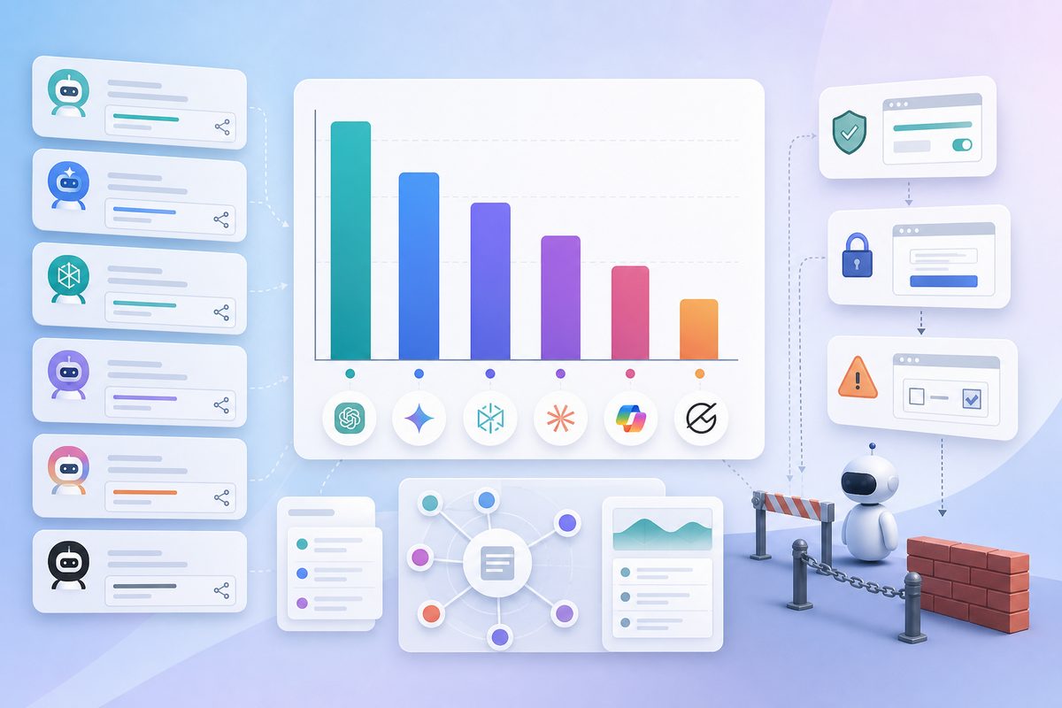 Bar chart of task completion rates across six AI agent surfaces on 42 B2B SaaS sites