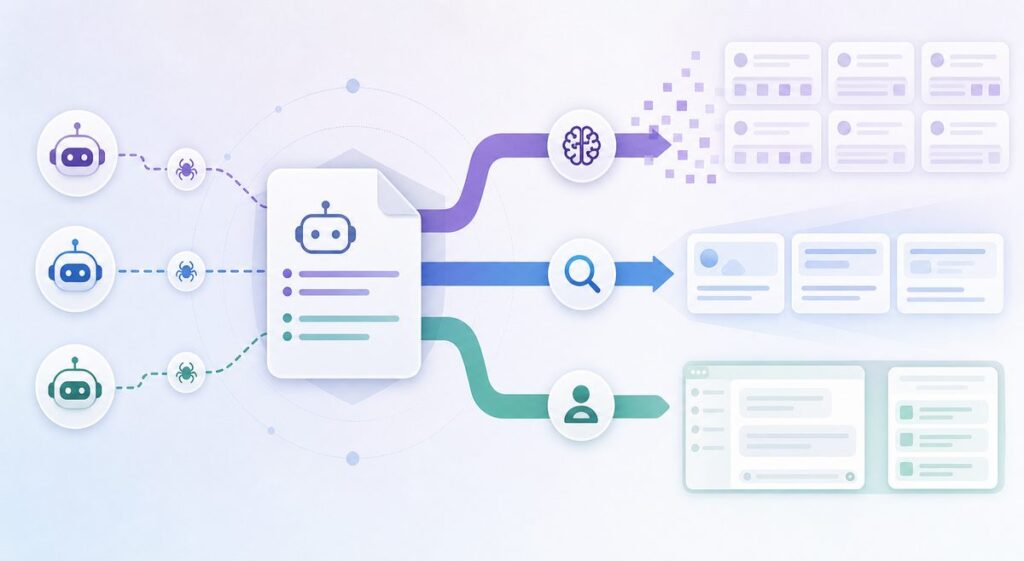 Diagram of robots.txt for AI crawlers splitting agents into training, retrieval, and user-fetch lanes