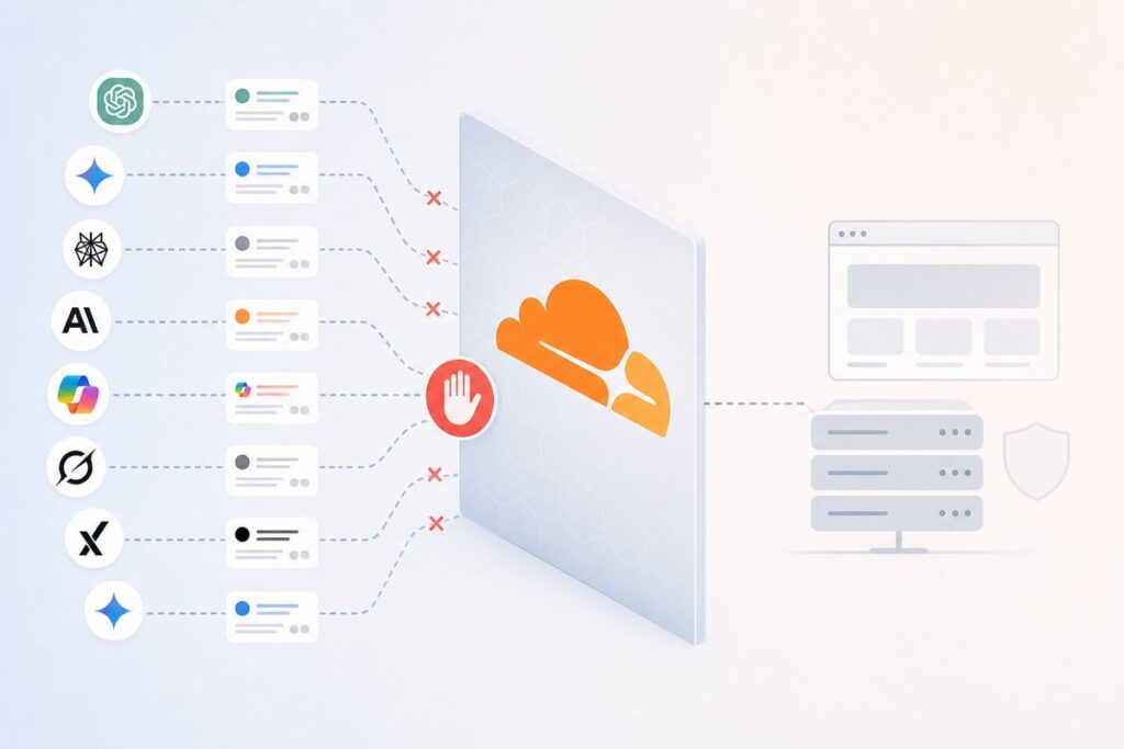 Diagram of Cloudflare blocking AI crawlers at the edge before requests reach the origin server