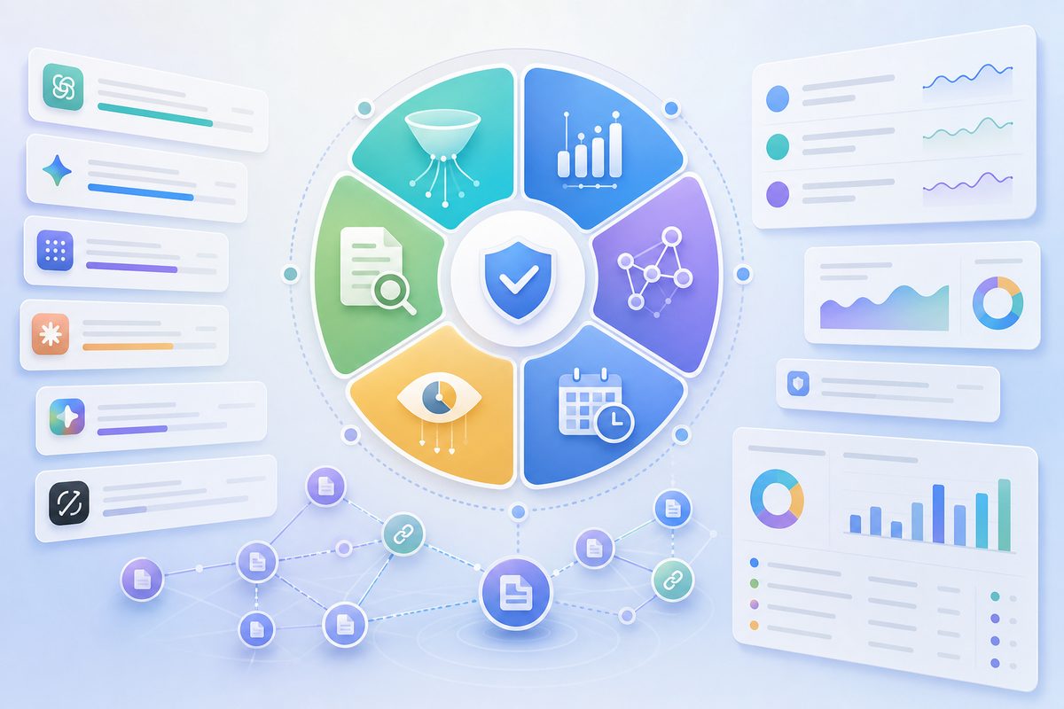 top rated ai search optimization platforms for data accuracy 六维准确性评分卡示意图,六个扇形分别标注采集保真度、采样功效、实体消歧、引用归因、时间对齐、方法论透明度