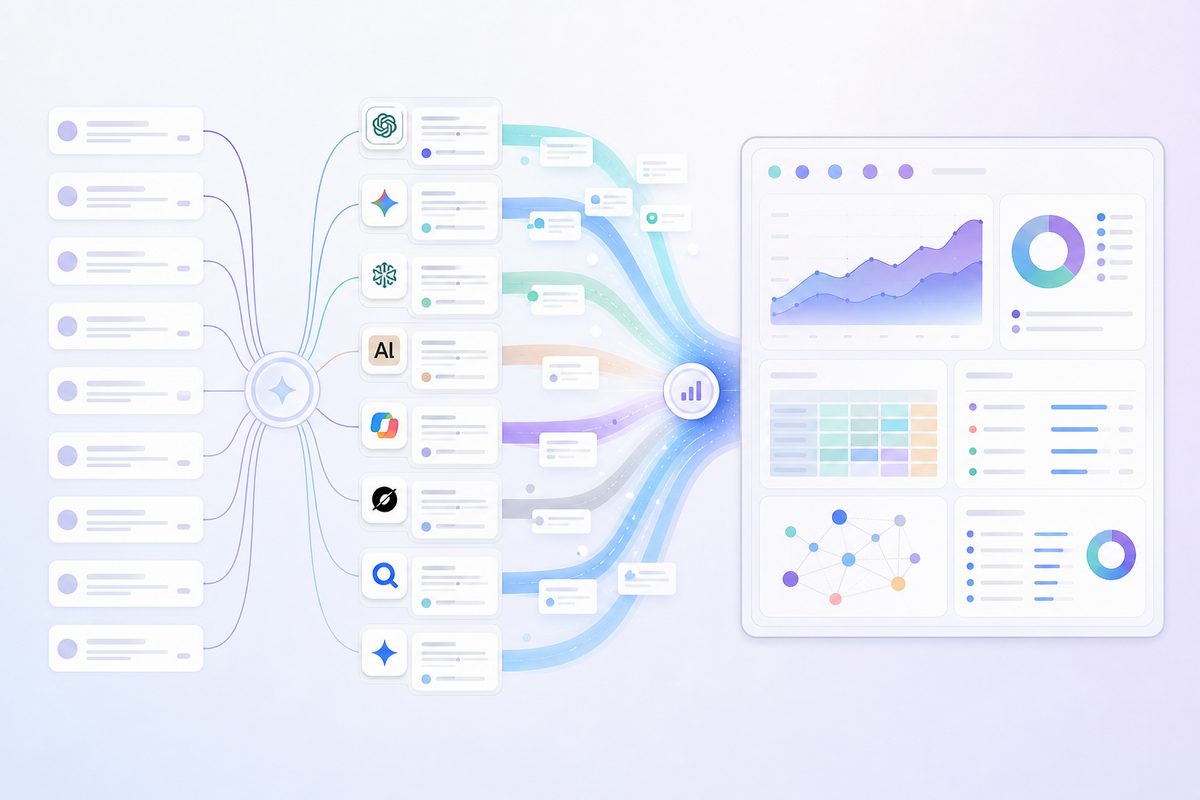AI search optimization platforms 的数据流向示意：提示词集经多引擎采样后汇入品牌可见性指标