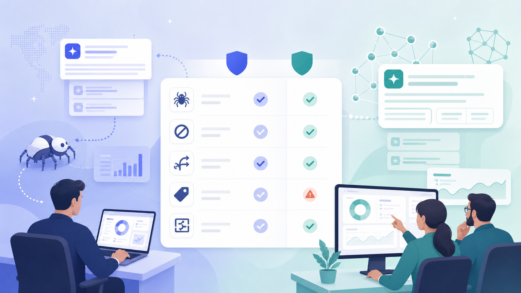 Technical SEO audit checklist comparing crawl errors, blocked bots, redirects, metadata, and structured data
