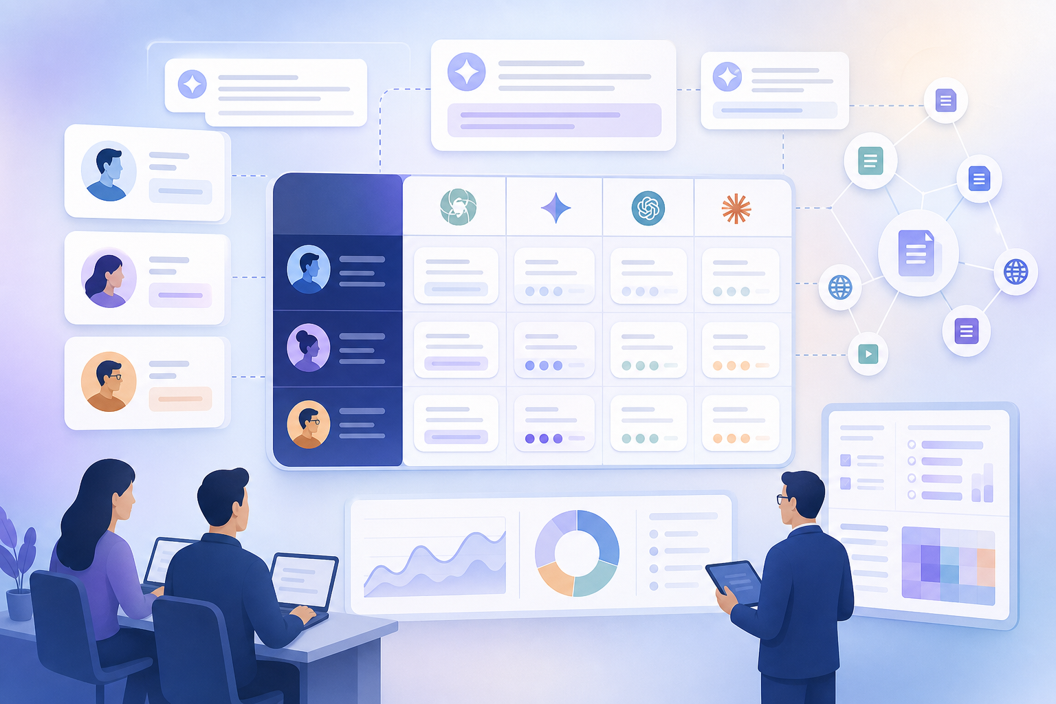 Prompt matrix for AI search monitoring with personas, engines, and evidence sources