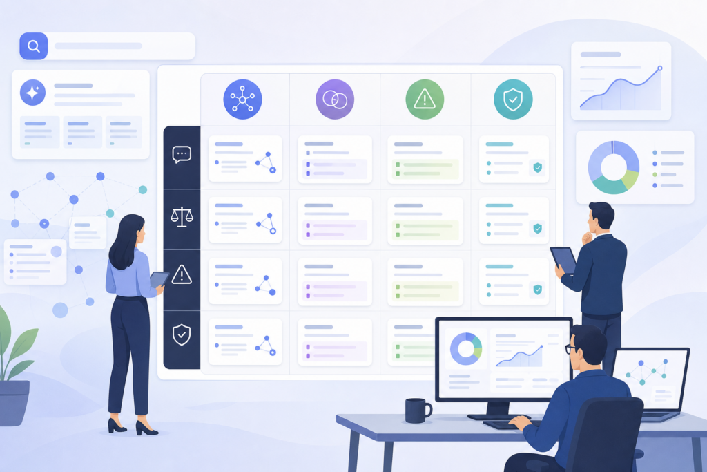 Matrix comparing category prompts, comparison prompts, problem prompts, and source-verification prompts in an AI brand mention audit