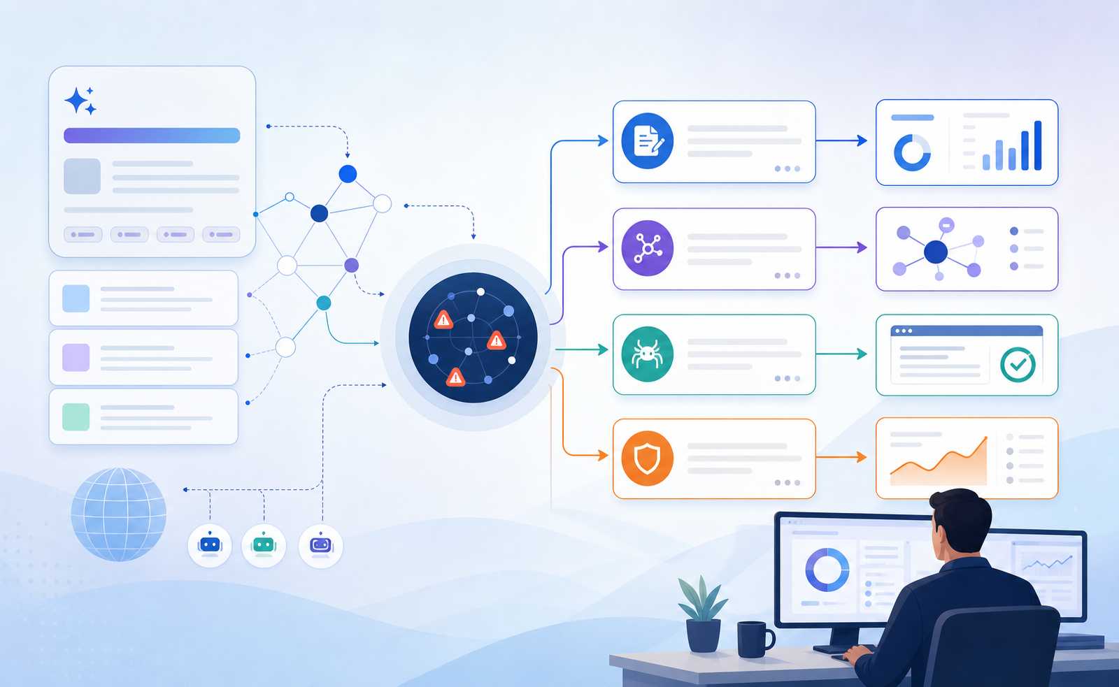 Workflow diagram showing how AI brand mention gaps become content, citation, crawlability, and reputation actions