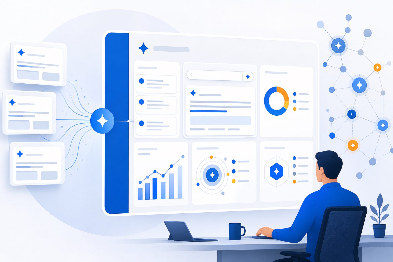 Dashboard concept for an AI search optimization platform showing prompts, citations, share of voice, and entity accuracy