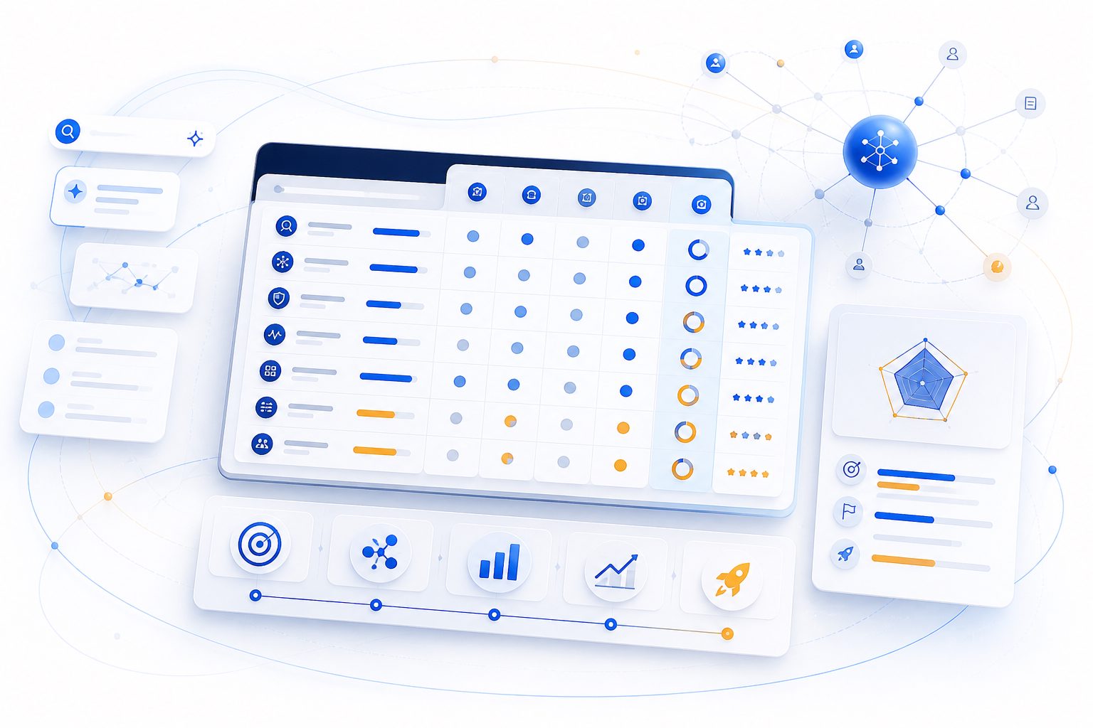 Example scorecard for evaluating an AI search optimization platform with weighted criteria and action priorities