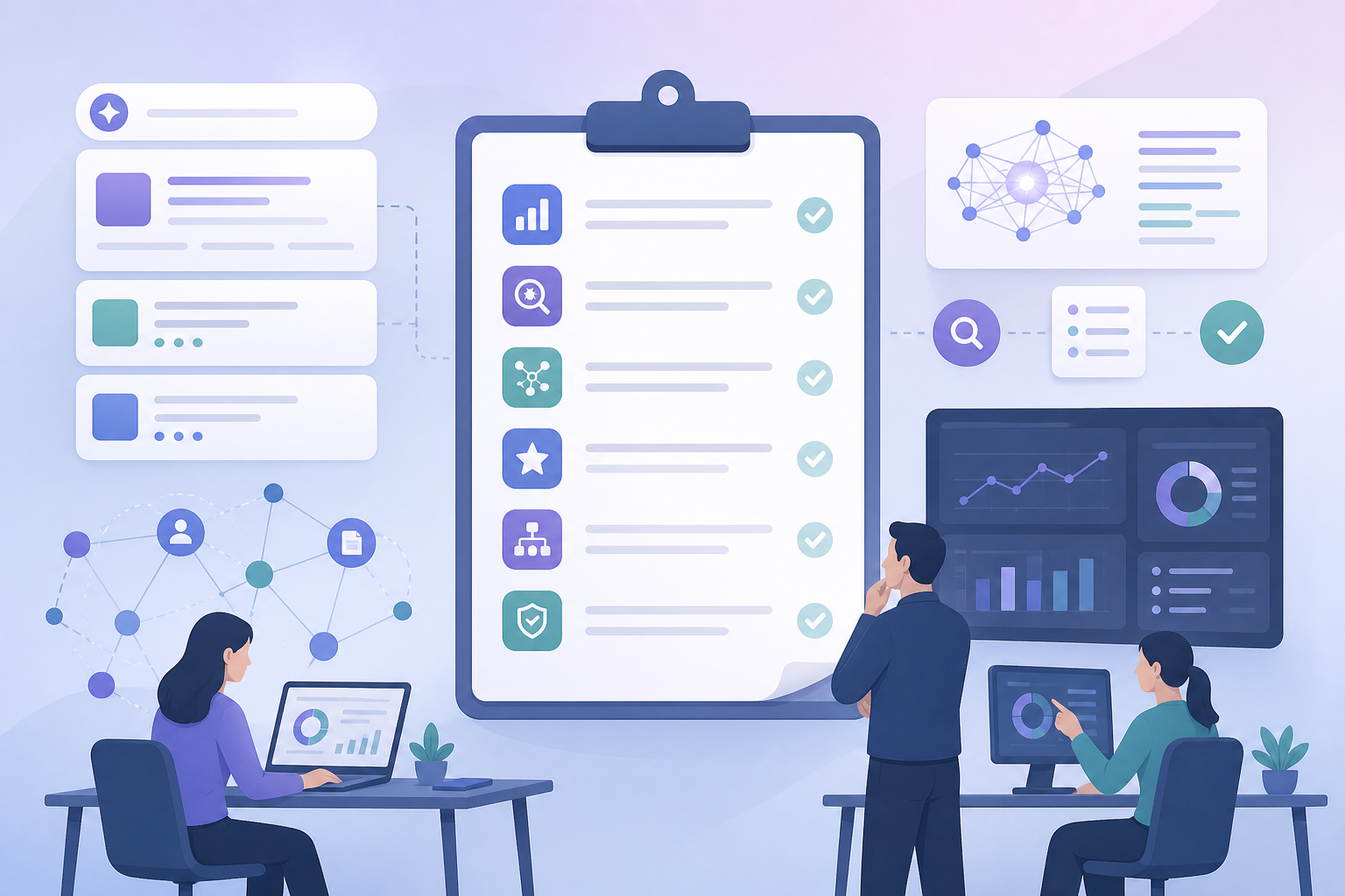 Checklist graphic for selecting AEO software 2026 with metrics, crawl access, citations, and workflows