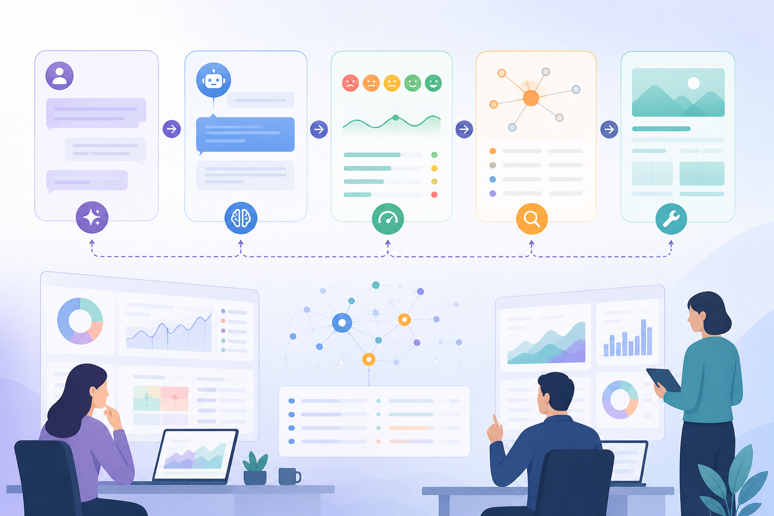 Workflow diagram connecting prompts, chatbot answers, sentiment scoring, source diagnosis, and content fixes