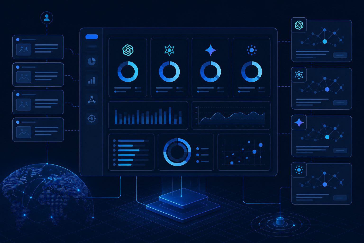 Dashboard concept showing generative AI share of voice across ChatGPT, Perplexity, Gemini, and other answer engines