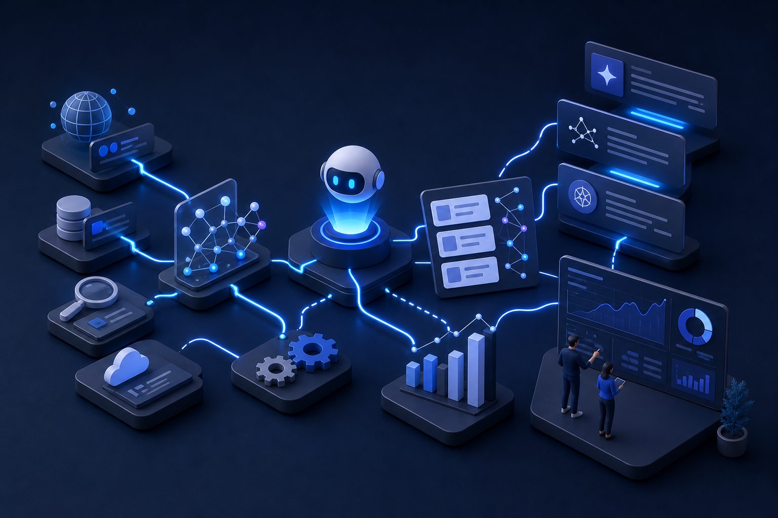 Diagram of a seo mcp workflow connecting an AI assistant to SEO data sources, audits, and AI visibility monitoring