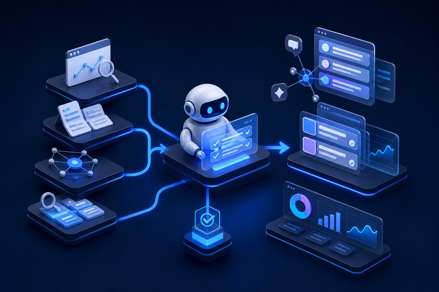 Checklist showing an AI agent reviewing GSC data, content passages, internal links, and AI visibility signals