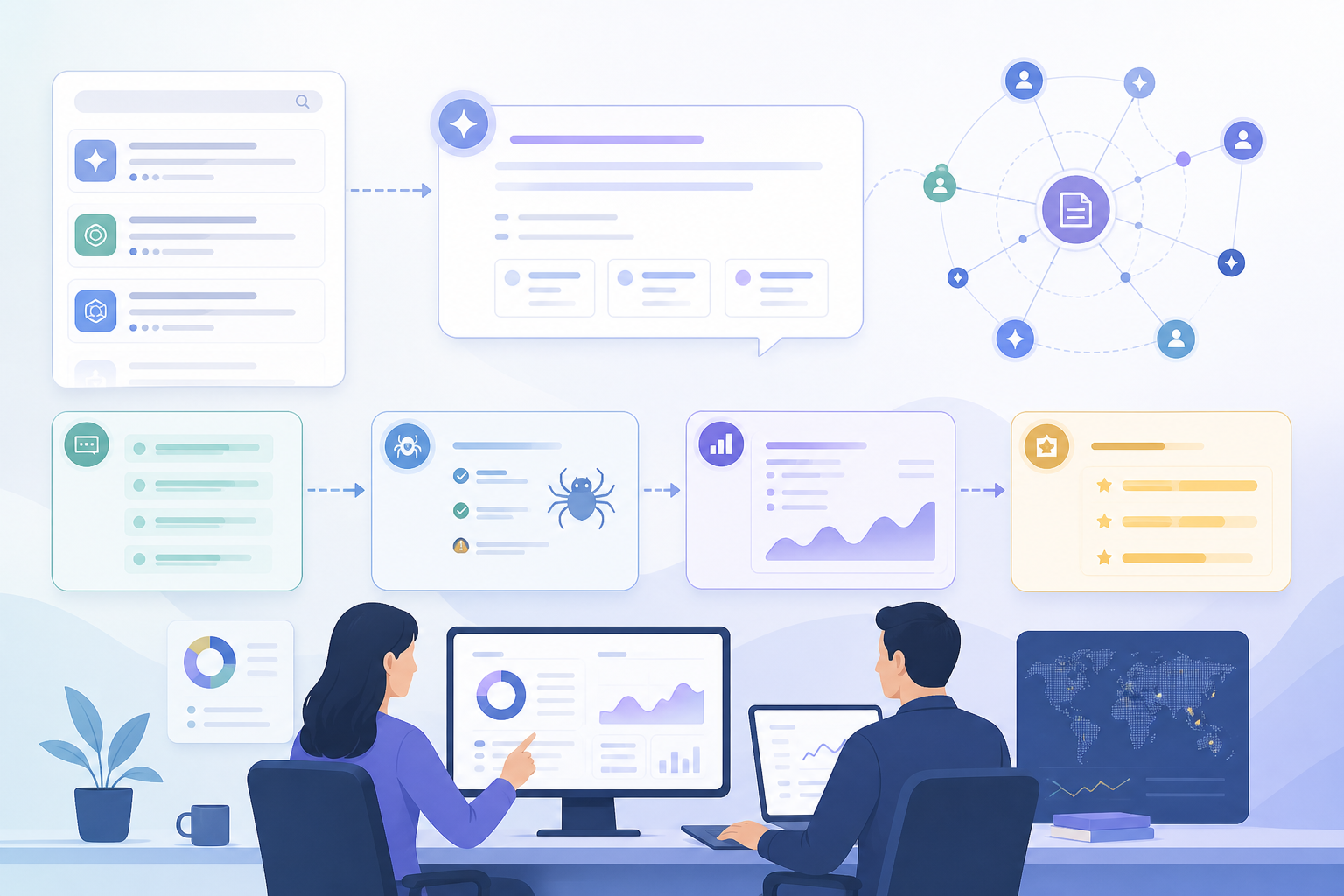 AI visibility workflow showing prompt testing, citation analysis, technical crawl checks, and recommendation monitoring