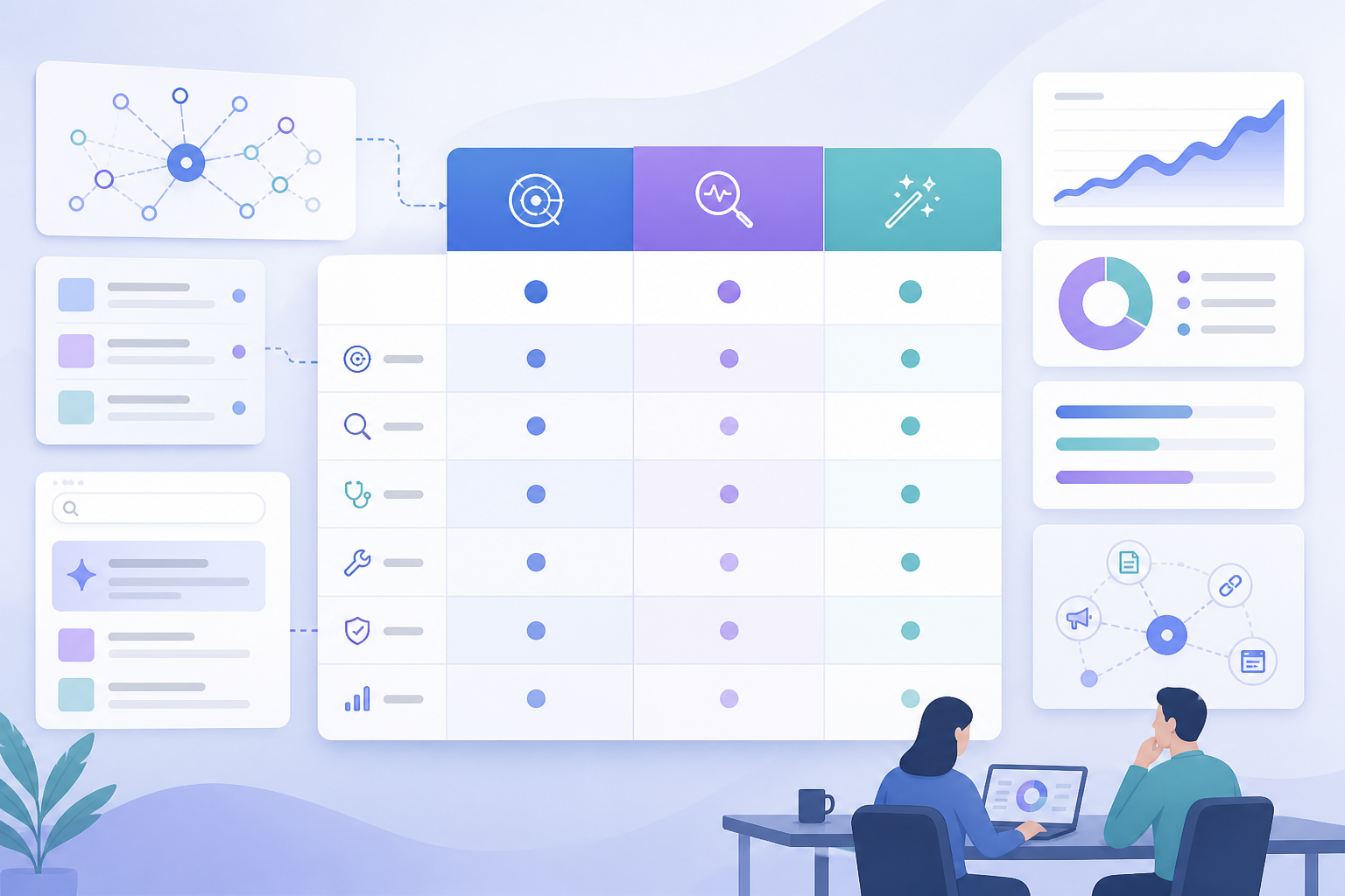 Comparison table for selecting AI visibility optimization software across monitoring, diagnosis, and remediation