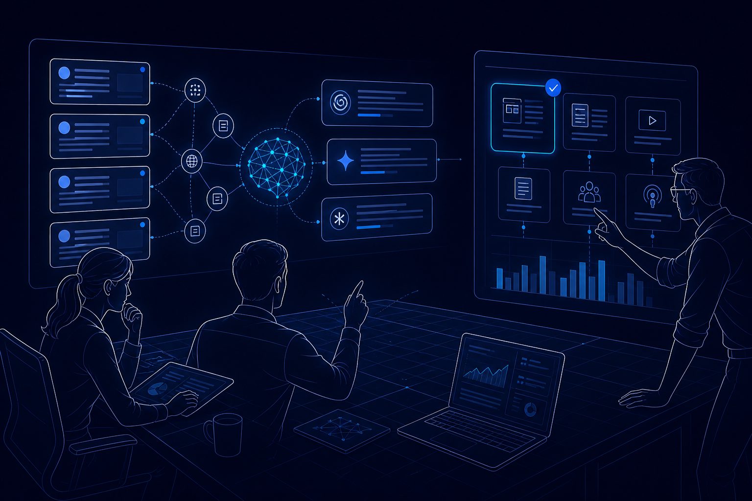 Team reviewing AI visibility sources before deciding the next publication medium
