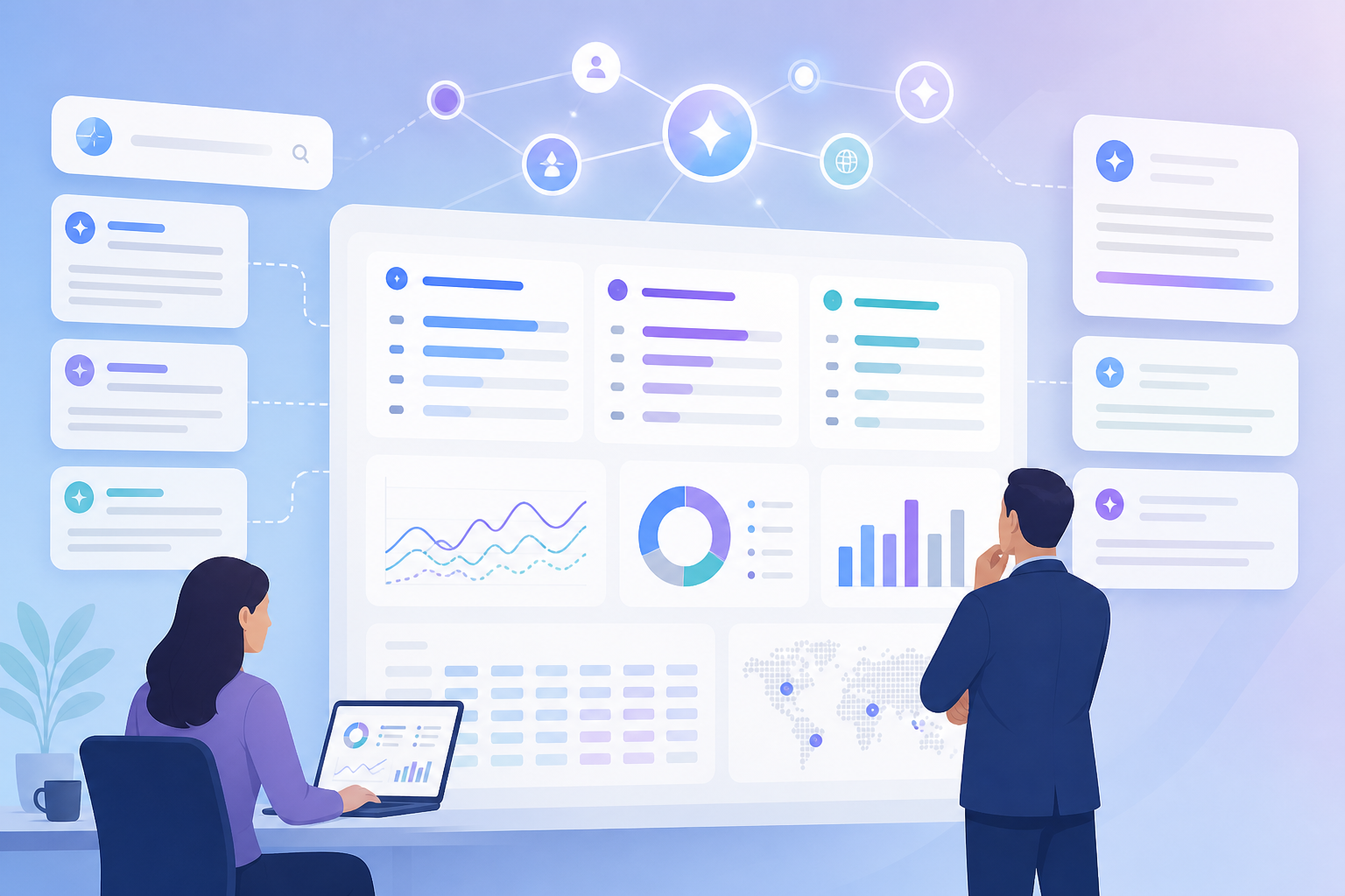 Dashboard concept showing an AI search visibility benchmarking tool comparing brand mentions, citations, and competitors