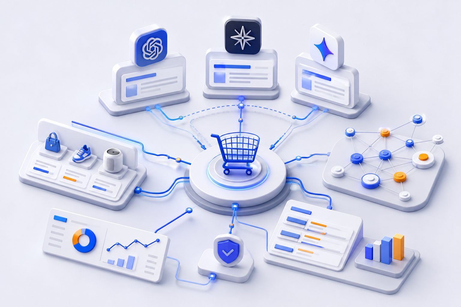 Framework diagram for optimizing AI shopping agent visibility across ecommerce platforms