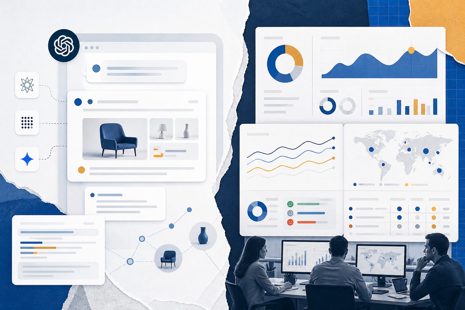 ChatGPT product ads dashboard concept with AI mention rate, citation tracking, sentiment, and competitor comparison