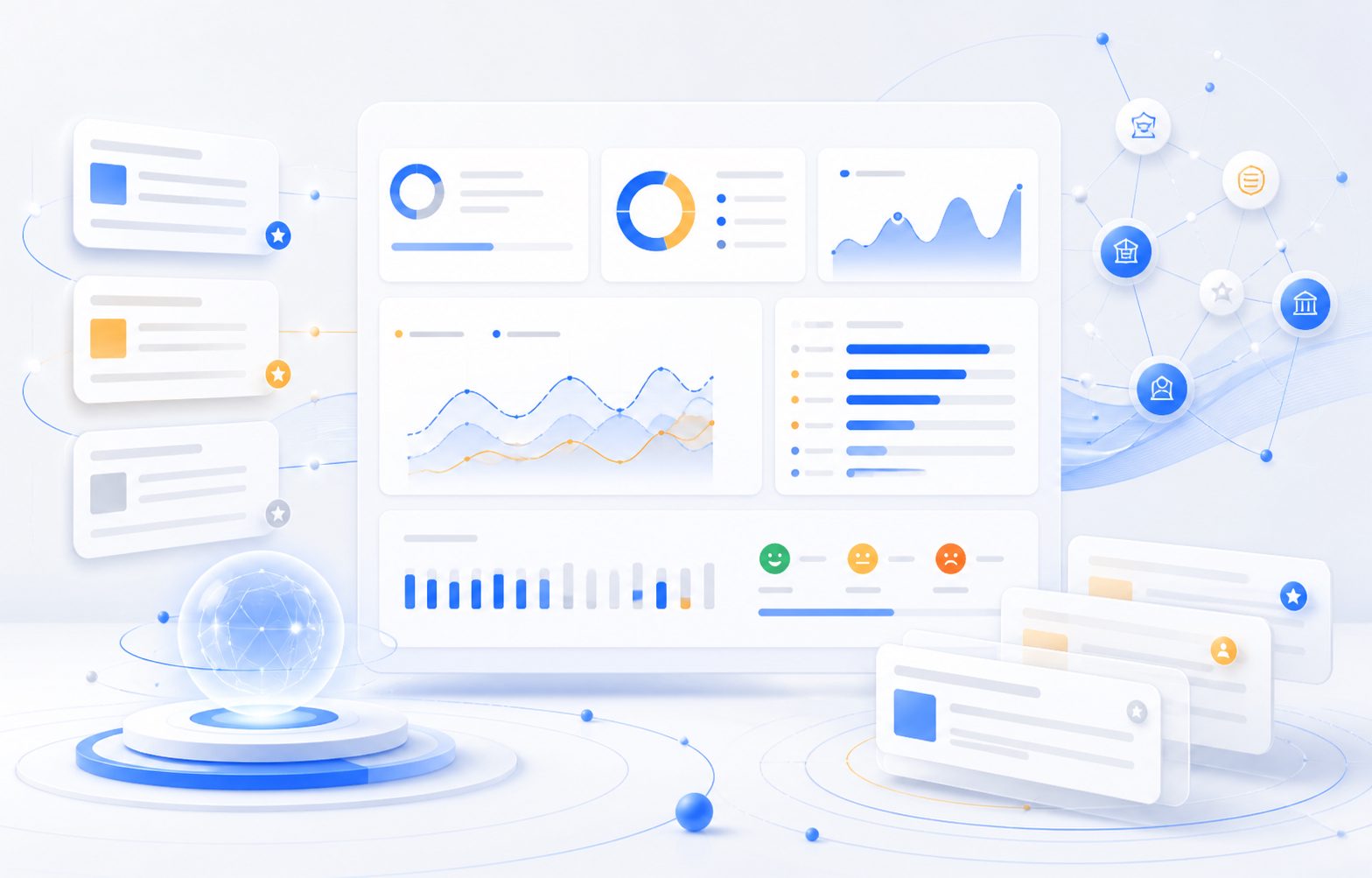 Dashboard mockup showing AI assistant sponsored results metrics, organic mentions, sentiment, and citation sources